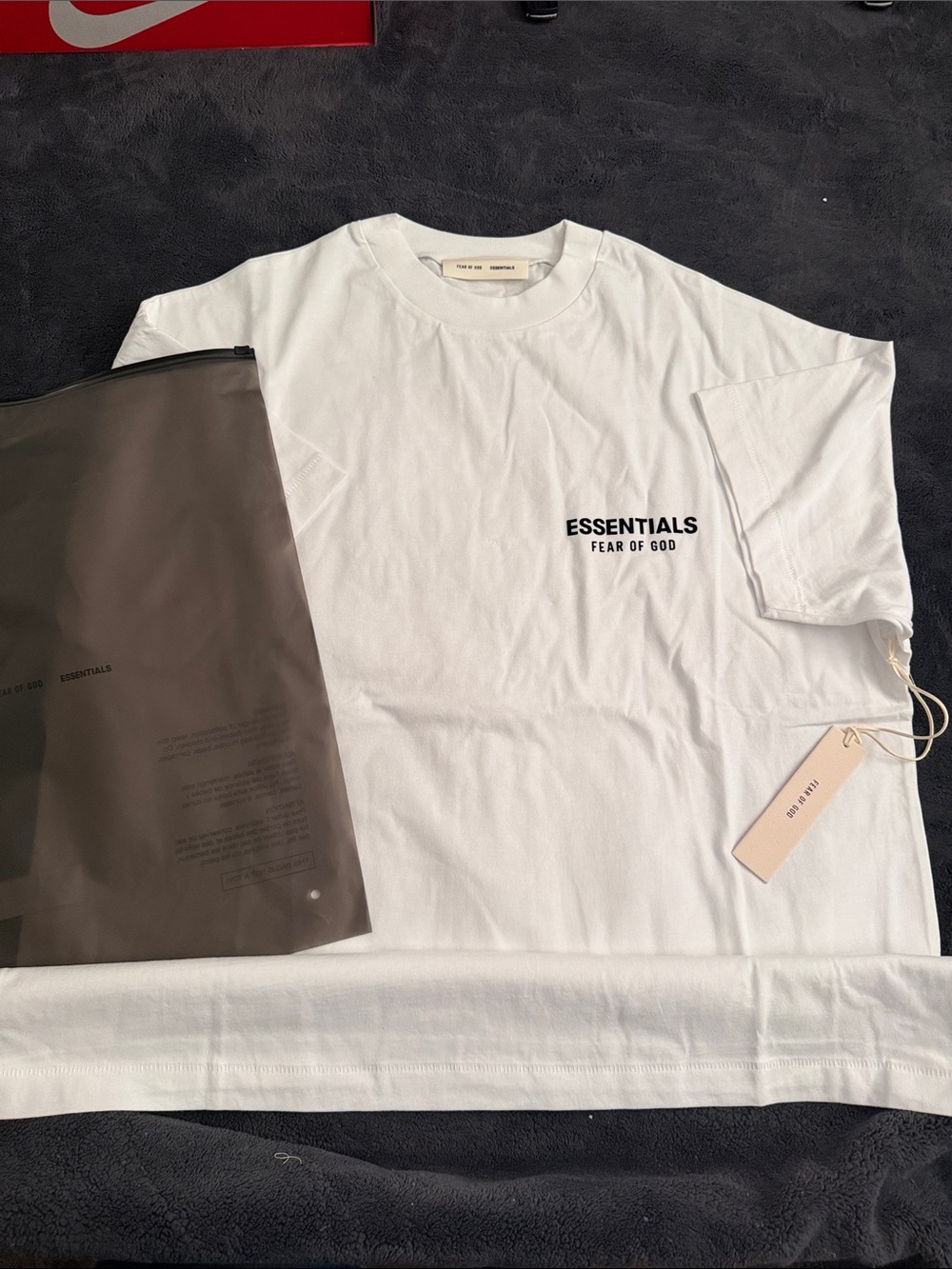 Essentials White Tee with Black Chest Logo, Bright White